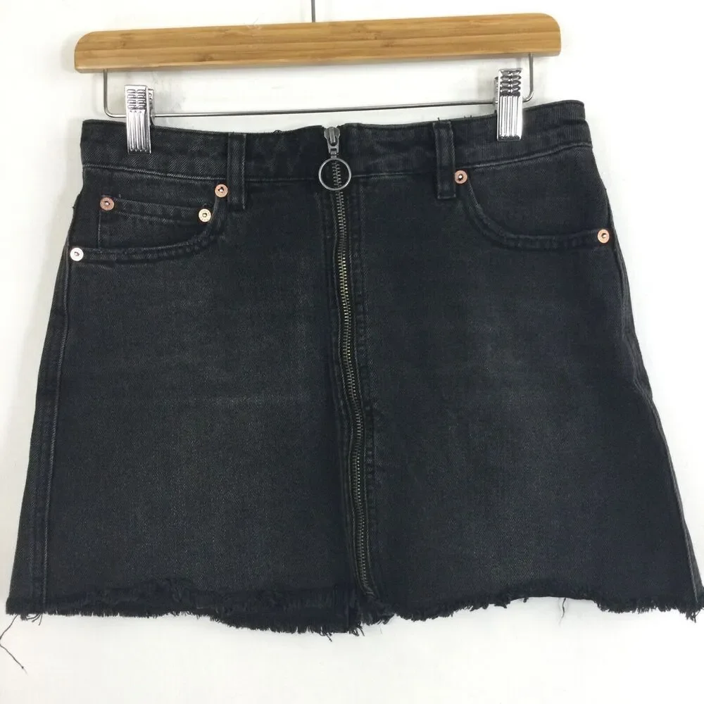 Free People Zip It Up Full Front Zipper Distressed Mini Denim Skirt Black Sz 26